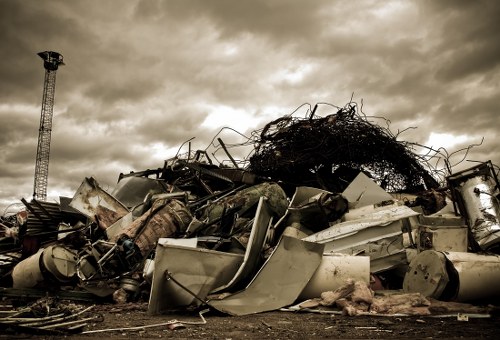 Workers sorting construction waste materials